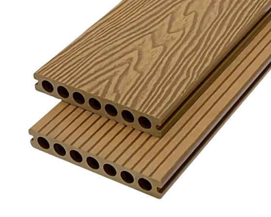 Brown solid WPC decking boards, one with deep wood grain, one grooved