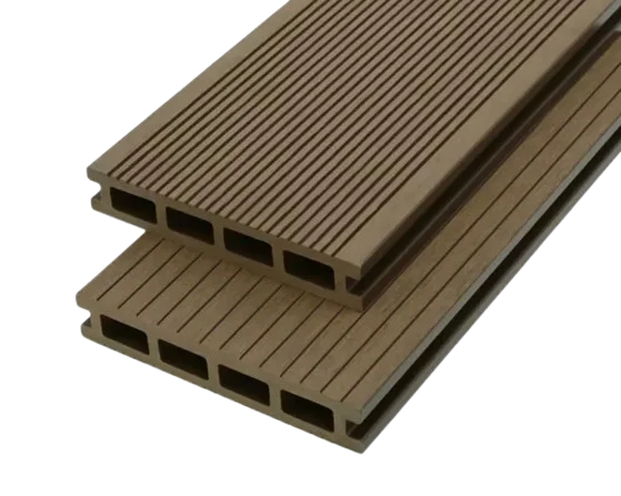 Dark brown hollow WPC decking boards, one side wood grain