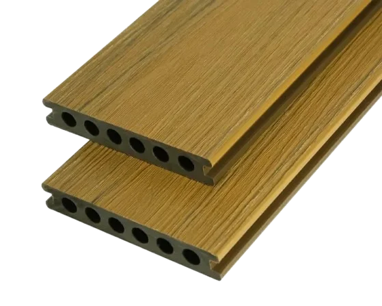 Hollow tan WPC decking boards with wood grain texture