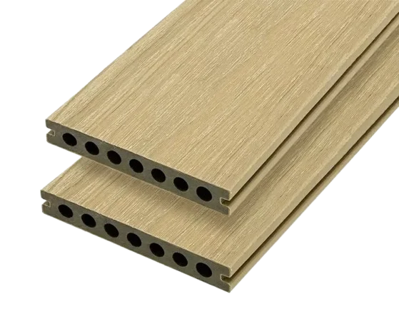 Light beige hollow WPC decking boards with wood grain texture